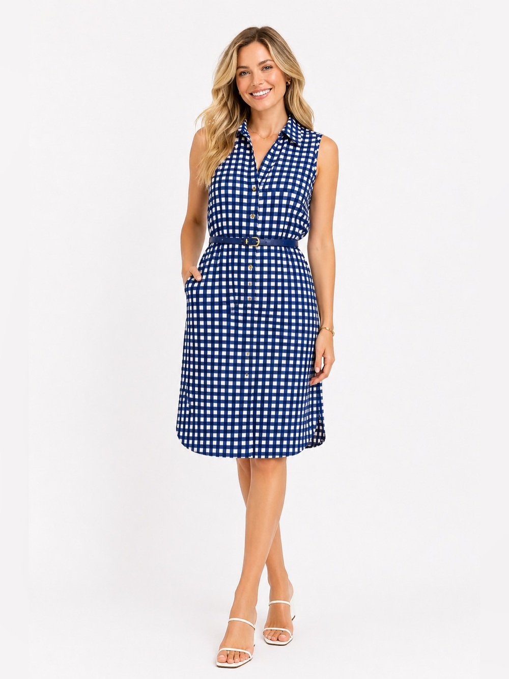 The Limited Navy and White Gingham Sleeveless Shirt Dress with Belt